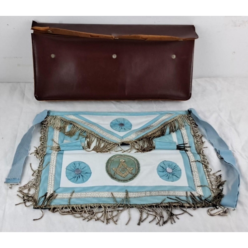 117 - Masonic apron with light blue and white fabric, detailed with embroidered Masonic symbol, silver fri... 