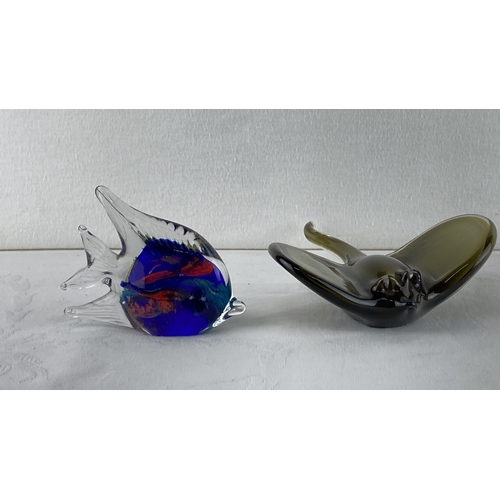 10 - Murano glass fish figurine with blue and red accents, paired with an olive-green glass stingray scul... 