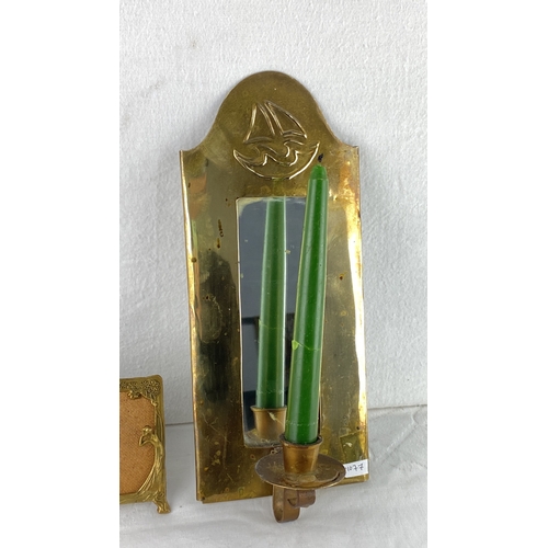 11 - Brass Art Nouveau candle sconce with mirror and sailboat motif, paired with a brass Art Nouveau phot... 