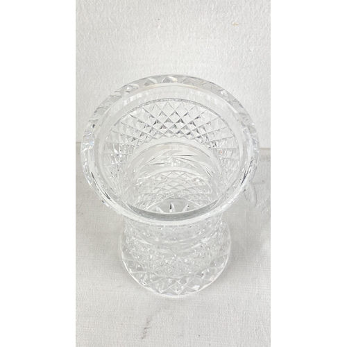 15 - Irish Waterford crystal vase with intricate diamond and vertical pattern, features a flared rim and ... 