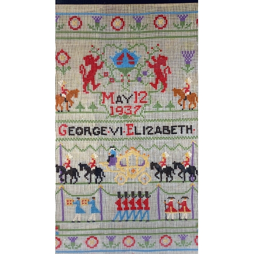 4 - 1937 George VI and Queen Elizabeth Coronation cross-stitch sampler by Susan Wackrill, featuring roya... 