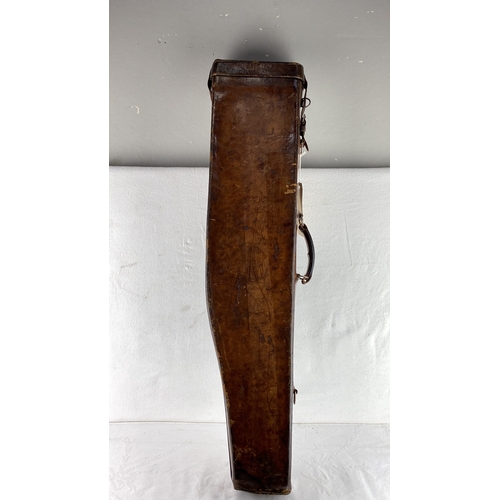 48 - Antique leather gun case with metal latches and a wooden handle.