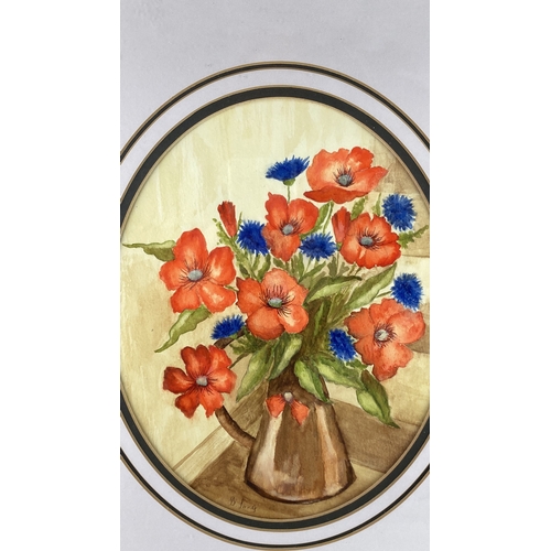 51 - Watercolor painting of a floral arrangement in a vase by B. Long, framed in a gold-tone frame with a... 