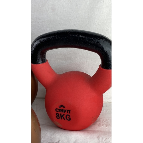 53 - Crivit 8KG kettlebell in red, set of 5kg & 3kg dumbbells, along with a black handle and a Stockman's... 