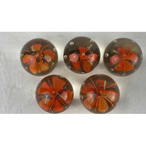 59 - Set of 5 glass paperweights featuring encased orange flowers with intricate green and blue accents.