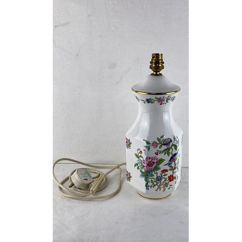 72 - Mason's Ironstone hexagonal lamp base with floral and bird motifs, featuring gold accents. Marked “M... 