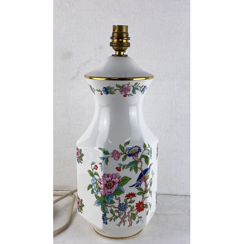 72 - Mason's Ironstone hexagonal lamp base with floral and bird motifs, featuring gold accents. Marked “M... 