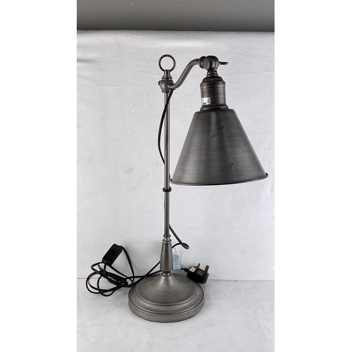 78 - Metal table lamp with an adjustable arm and conical shade, featuring a UK plug and inline switch. Th... 