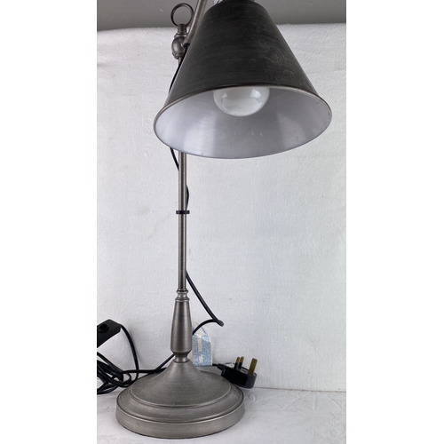 78 - Metal table lamp with an adjustable arm and conical shade, featuring a UK plug and inline switch. Th... 