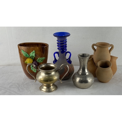 79 - Collection of mixed decorative vases and pots, including a ceramic vase with fruit design, a cobalt ... 