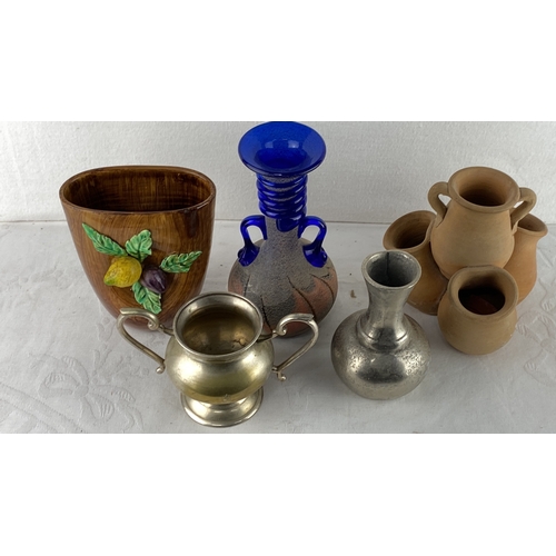 79 - Collection of mixed decorative vases and pots, including a ceramic vase with fruit design, a cobalt ... 