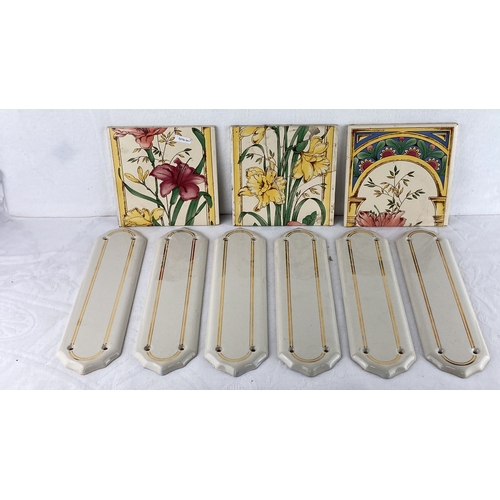 81 - Set of three vintage ceramic tiles featuring floral designs (one a/f) and six matching cream porcela... 