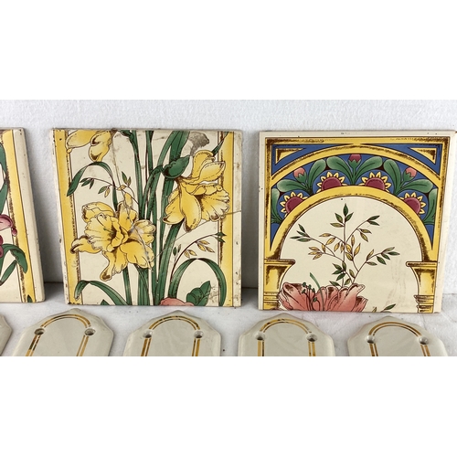 81 - Set of three vintage ceramic tiles featuring floral designs (one a/f) and six matching cream porcela... 