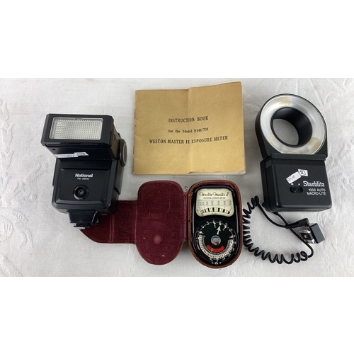 43 - Collection of camera accessories including a National PE-200C flash, Weston Master II exposure meter... 