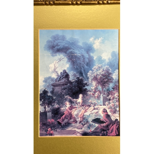 247 - Framed print, Rococo style scene featuring elegantly dressed figures in a lush garden setting, ornat... 