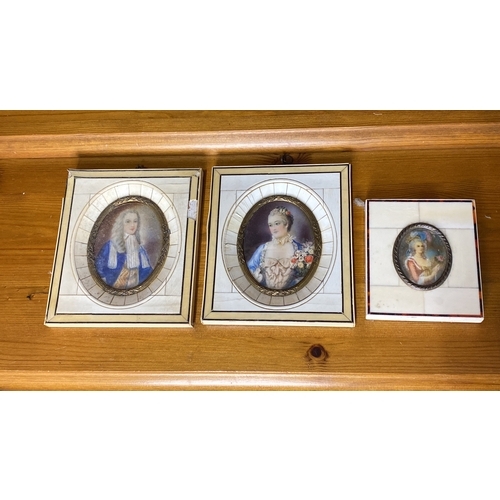 280 - Set of three antique miniature portraits in inlaid bone frames. Hand-painted depiction of aristocrat... 