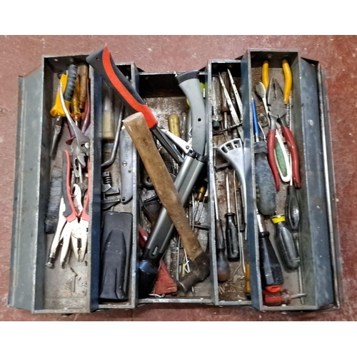 102 - Metal toolbox containing assorted hand tools, including hammers, pliers, screwdrivers, and a small h... 