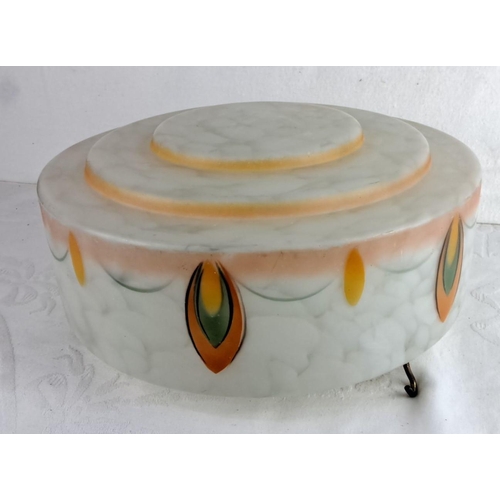 106 - Art Deco hanging 'Fly Cather' glass light fixture features a marbled pattern and stylized orange and... 