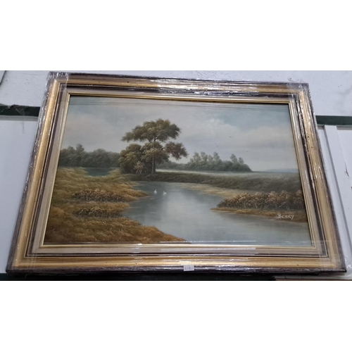 113 - Oil painting of a serene river landscape with swans, signed by the artist 