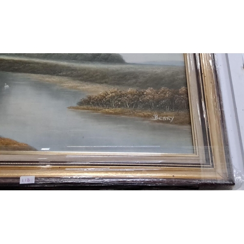 113 - Oil painting of a serene river landscape with swans, signed by the artist 