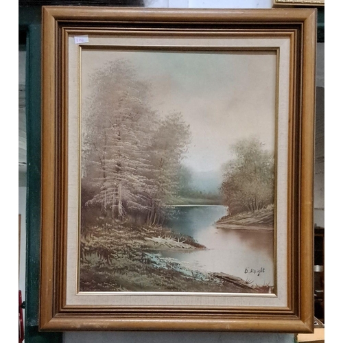 114 - Oil painting on canvas by B. Knight depicts a serene forested river scene, framed in a wooden frame ... 