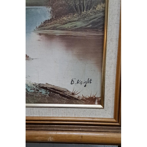 114 - Oil painting on canvas by B. Knight depicts a serene forested river scene, framed in a wooden frame ... 