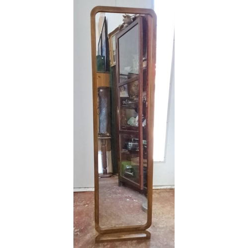 115 - Vintage Full-length wooden standing mirror with curved edges and a supportive base.