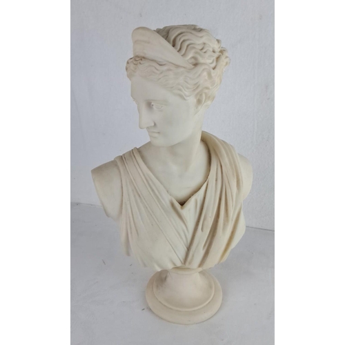 116 - Plaster bust of a classical Greek woman, featuring draped attire and detailed headwear, measuring 12... 