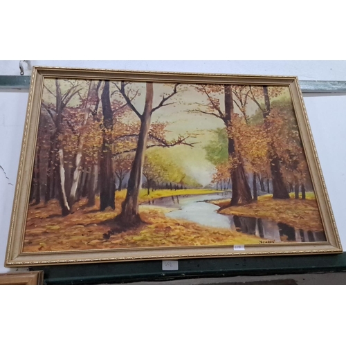 118 - Oil painting of a serene forest scene with a winding stream by T. Earon, framed in a gold-colored fr... 