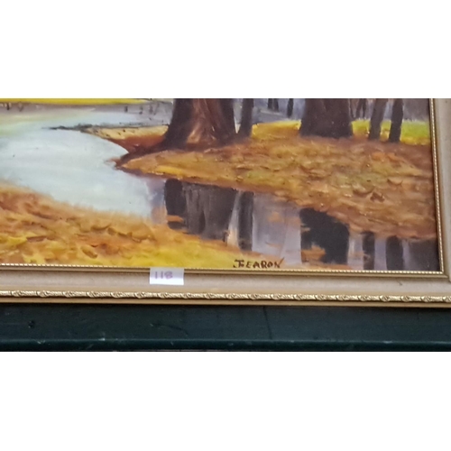 118 - Oil painting of a serene forest scene with a winding stream by T. Earon, framed in a gold-colored fr... 