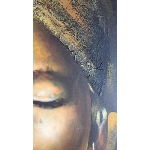 120 - Oil painting on canvas depicts a contemplative woman with closed eyes, adorned with a textured golde... 