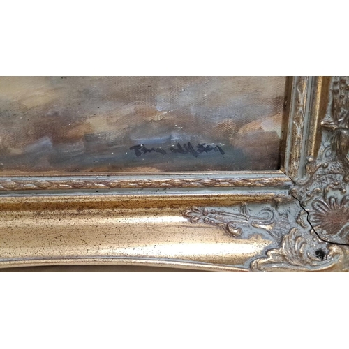 125 - Oil painting of fish signed by artist Tom Wilson, framed in an ornate gilt frame.