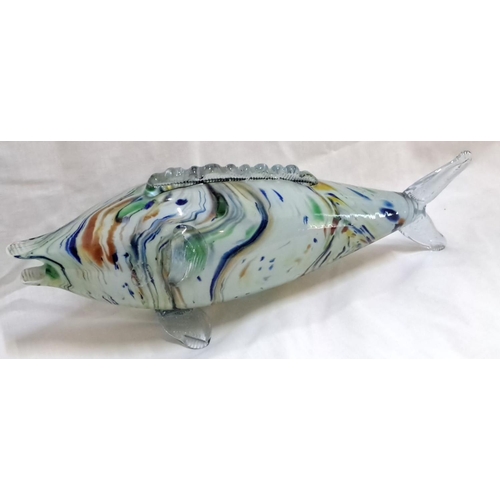 128 - Pair of art glass fish figurines. The first is a multi-color ceramic fish sculpture, and the second ... 