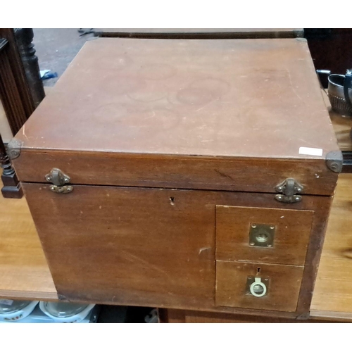 129 - Early 20th Century wooden chest, mahogany, with interior compartments and brass handles. Features tw... 