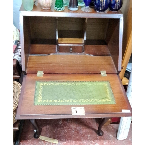 162 - Mahogany writing bureau with Queen Anne style legs, features two drawers with brass handles and a dr... 