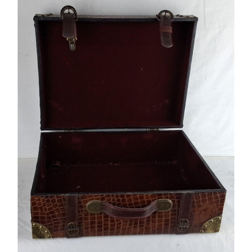 164 - Vintage crocodile-embossed suitcase with brass corner protectors and interior fabric lining. Feature... 