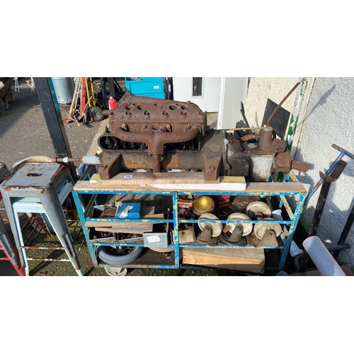 396 - Vintage Morris Cowley engine block and components, displayed on a metal trolley unit with various me... 