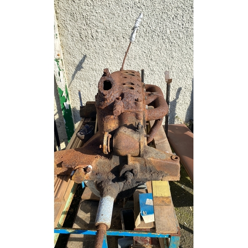 396 - Vintage Morris Cowley engine block and components, displayed on a metal trolley unit with various me... 