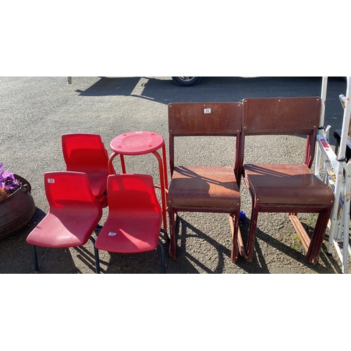 404 - Set of vintage wooden chairs, three red plastic chairs, and a matching red plastic stool.