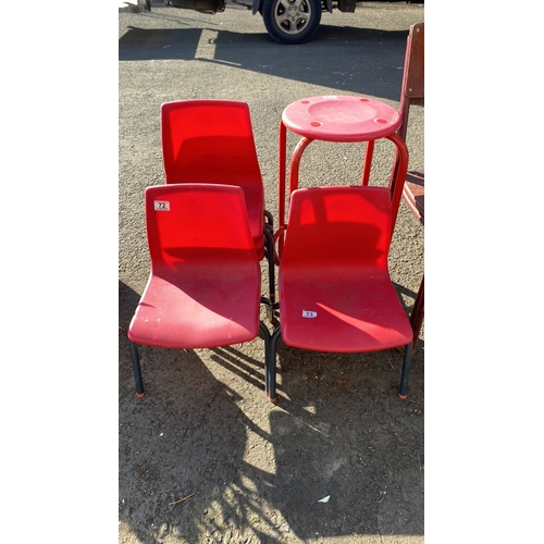 404 - Set of vintage wooden chairs, three red plastic chairs, and a matching red plastic stool.