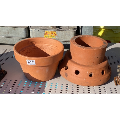 417 - A terracotta chimney cap & flower pot.