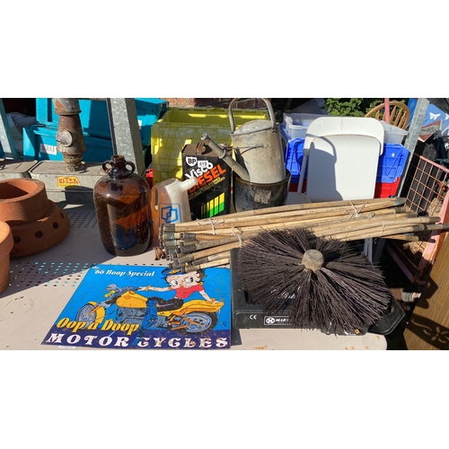 419 - Mixed lot including a Betty Boop motorcycling sign, various vintage garden tools, a large amber glas... 