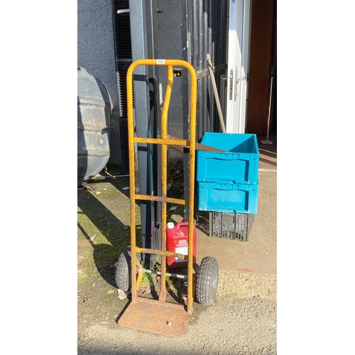 436 - Yellow metal sack trolley with two pneumatic wheels, by Olympia.