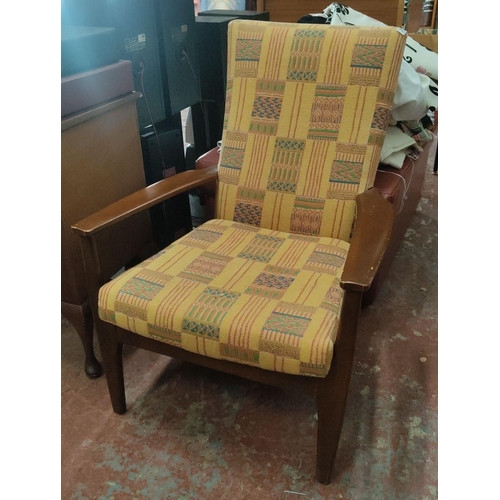 359 - Mid-century modern armchair with wooden frame and geometric pattern fabric upholstery in beige, gree... 