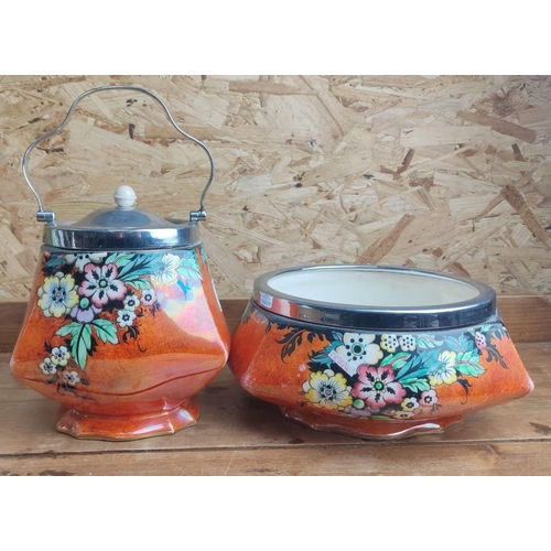 367 - Vintage Carlton Ware lusterware biscuit jar and dish with colorful floral design. Features chrome-pl... 