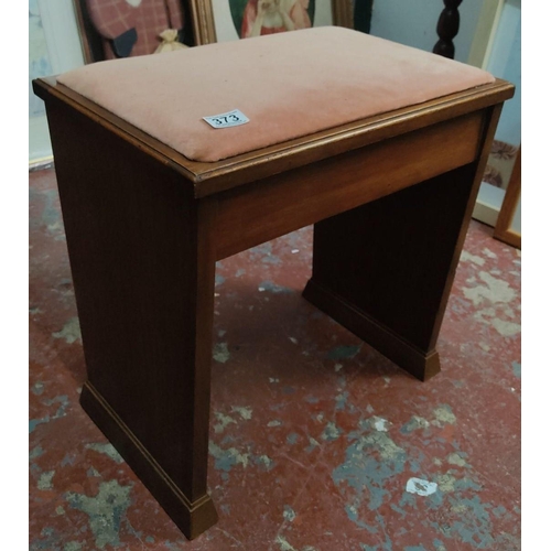 373 - Mid-Century Modern walnut vanity stool with hinged storage compartment, light pink fabric cushion to... 