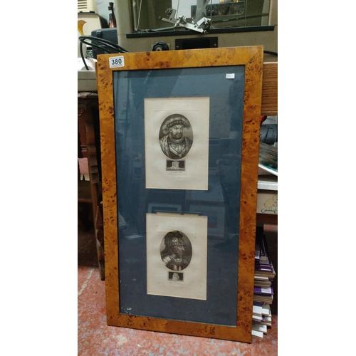 380 - Framed double portrait etchings of historical figures, featuring Henry VIII, in a burl wood frame. P... 