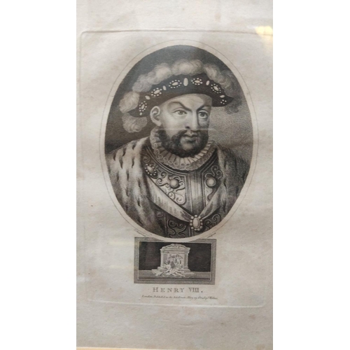 380 - Framed double portrait etchings of historical figures, featuring Henry VIII, in a burl wood frame. P... 