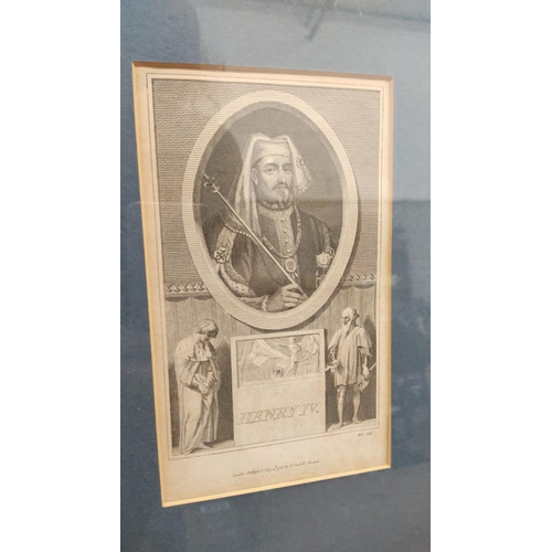 381 - Framed set of four historical engravings featuring English monarchs, including Henry IV. Published b... 