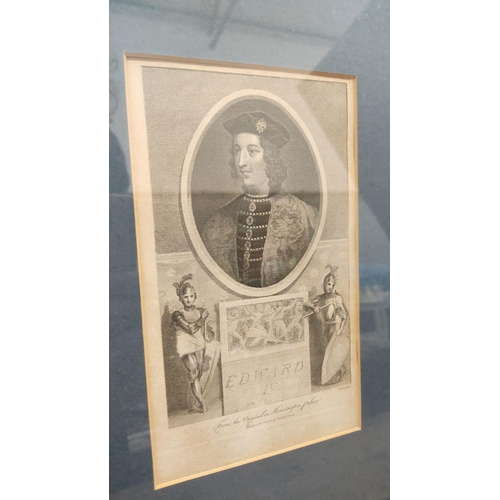 381 - Framed set of four historical engravings featuring English monarchs, including Henry IV. Published b... 